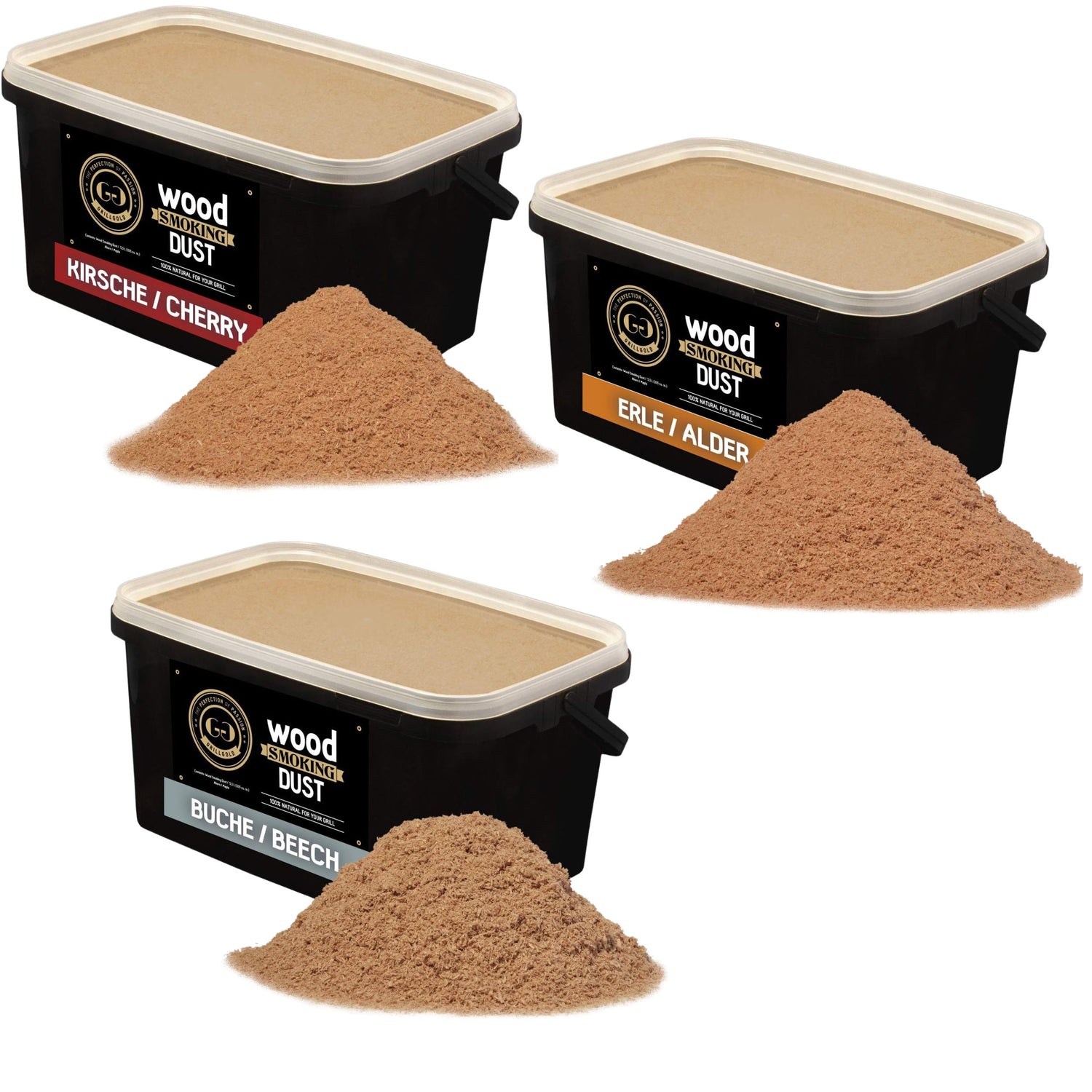 Räuchermehl-Set je 5,5L - in Wiederverschliessbaren-Eimer - Buche, Erle und Kirsche