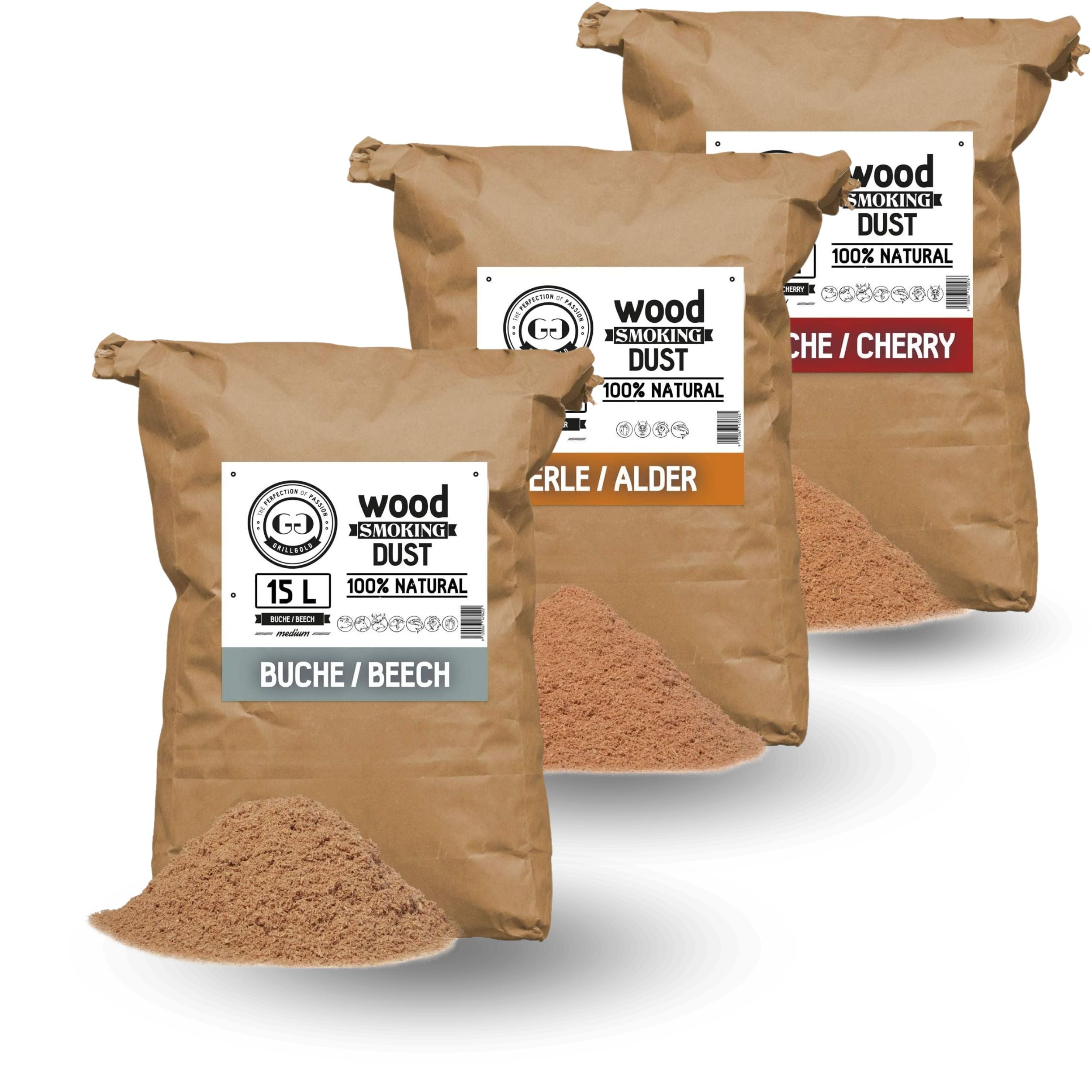 Räuchermehl-Set je 15L - im Papier-Sack Buche, Erle und Kirsche