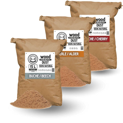 Räuchermehl-Set je 15L - im Papier-Sack Buche, Erle und Kirsche