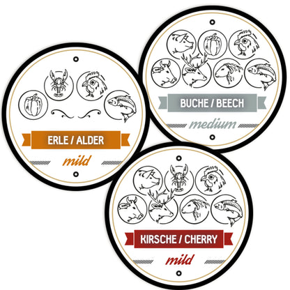 Räuchermehl-Set je 15L - im Papier-Sack Buche, Erle und Kirsche