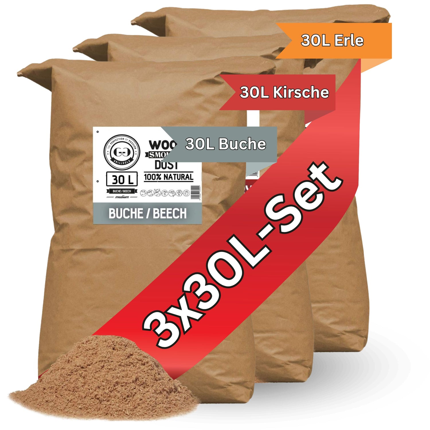 Räuchermehl-Set je 30L - im Papier-Sack Buche, Erle und Kirsche