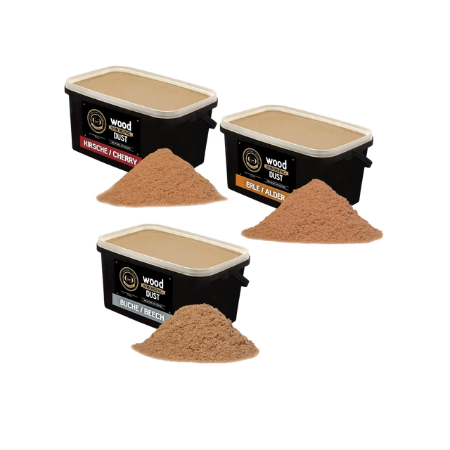 Räuchermehl-Set je 5,5L - in Wiederverschliessbaren-Eimer - Buche, Erle und Kirsche